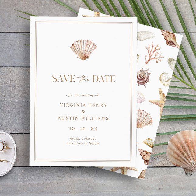 Tarjeta plana de aviso de fecha de boda (Elegant Seashell Watercolor Beach Flat Save The Date Card by Painted Paperie
)
