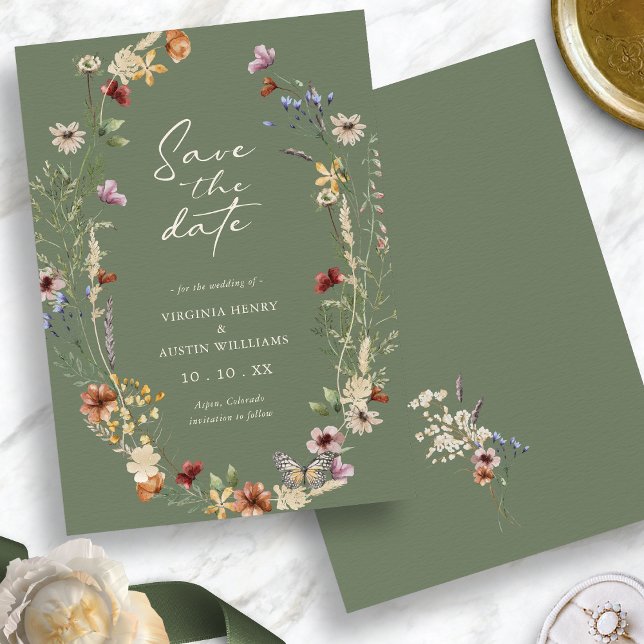 Tarjeta plana de aviso de fecha de salvia verde co (Watercolor Sage Green Wildflower Save The Date Flat Card with Butterfly by Painted Paperie)
