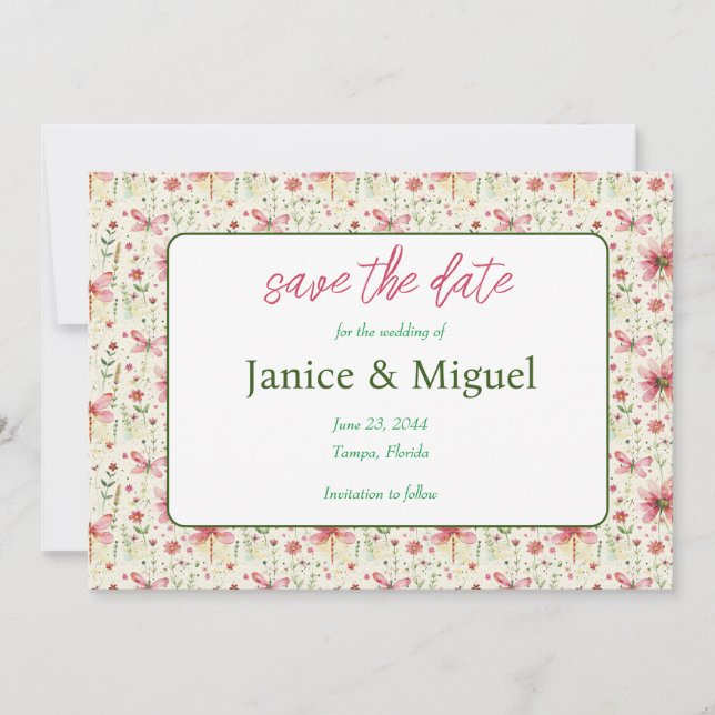 Tarjeta plana de boda con libélula floral para gua (Anverso)