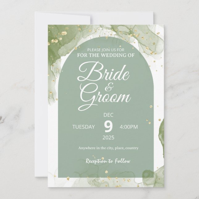 Tarjeta plana de boda editable verde salvia (Anverso)