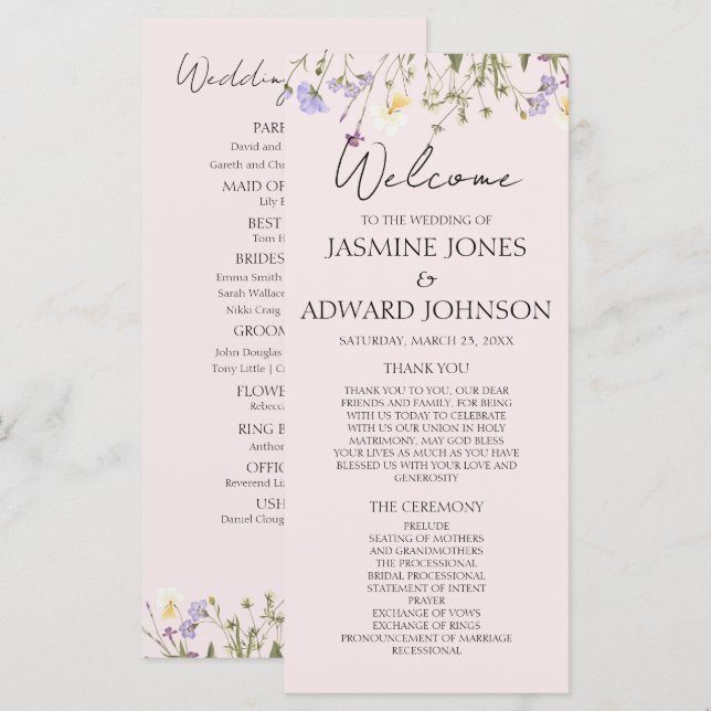 Tarjeta plana de boda floral de flores silvestres  (Anverso / Reverso)