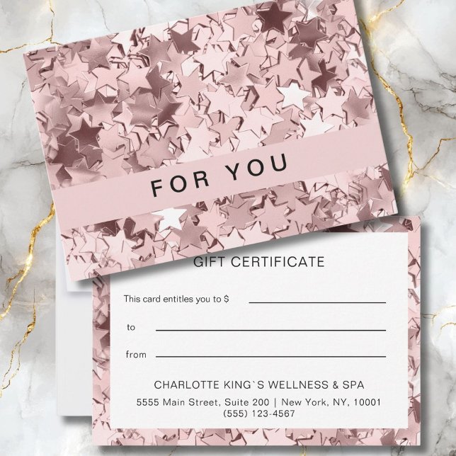Tarjeta plana de certificados de regalo de estrell (Modern Pink Stars Gift Certificates Card.)