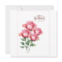 Tarjeta plana de cumpleaños con rosas de acuarela 