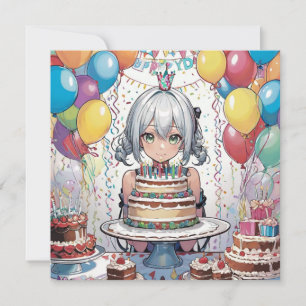 Tarjeta plana de cumpleaños de Anime chica