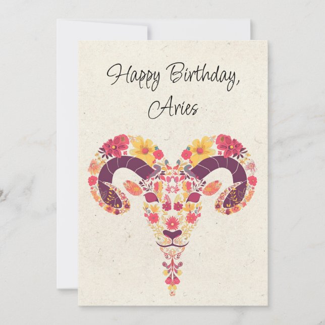 Tarjeta plana de cumpleaños floral Aries Ram Zodia (Anverso)