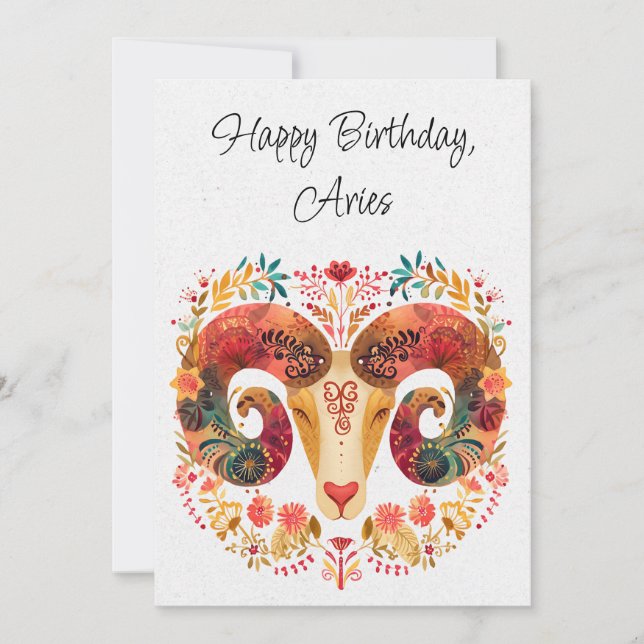 Tarjeta plana de cumpleaños floral Aries Ram Zodia (Anverso)