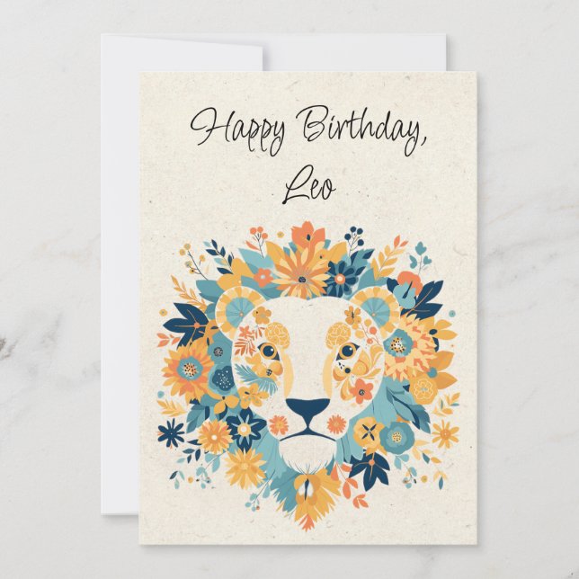 Tarjeta plana de cumpleaños floral Leo Lion Zodiac (Anverso)