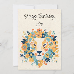 Tarjeta plana de cumpleaños floral Leo Lion Zodiac