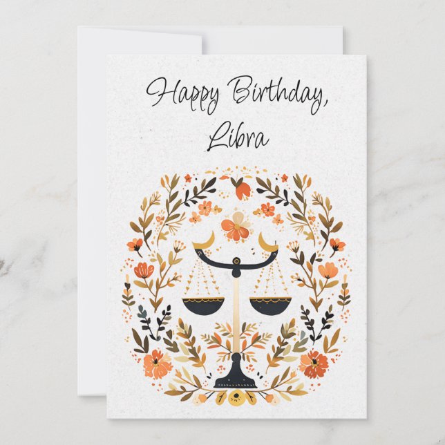 Tarjeta plana de cumpleaños floral Libra Scales Zo (Anverso)