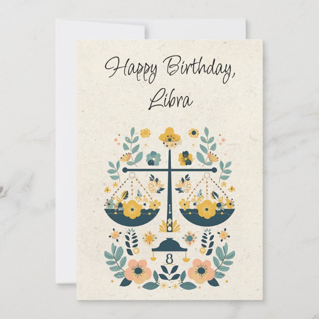 Tarjeta plana de cumpleaños floral Libra Scales Zo (Anverso)