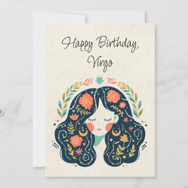 Tarjeta plana de cumpleaños floral Virgo Maiden Zo (Anverso)