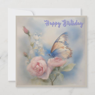 Tarjeta plana de cumpleaños para mariposas y flore