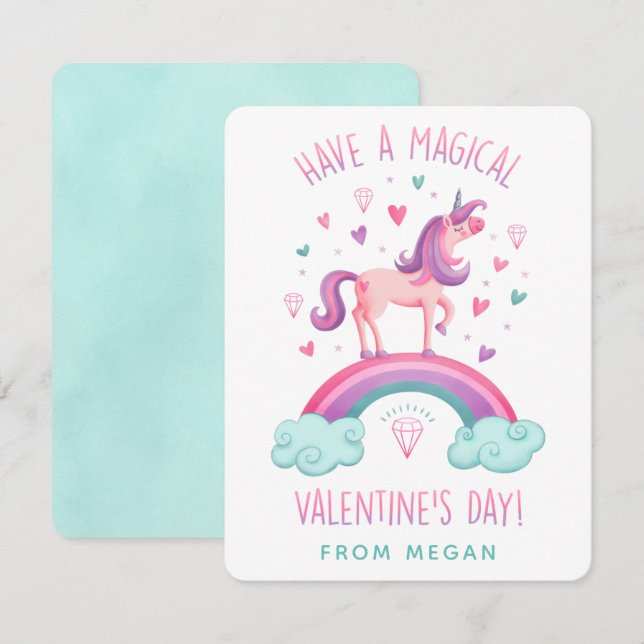 Tarjeta plana de día de San Valentín de unicornio  (Anverso / Reverso)