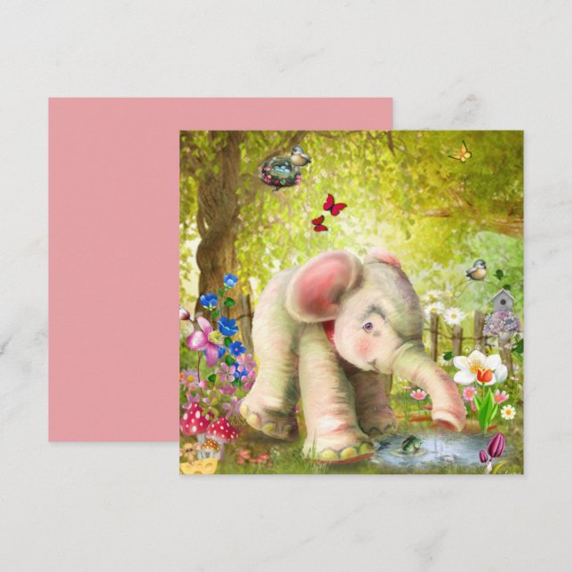 Tarjeta plana de fantasía de elefante bebé (Anverso / Reverso)