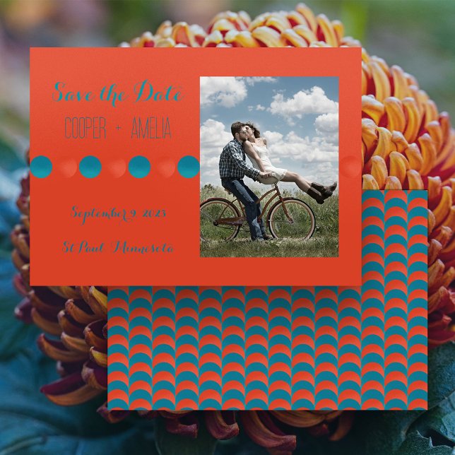 Tarjeta plana de fecha de salvado naranja y teal (Burnt Orange and Teal Save the Date horizontal flat card with your photo)