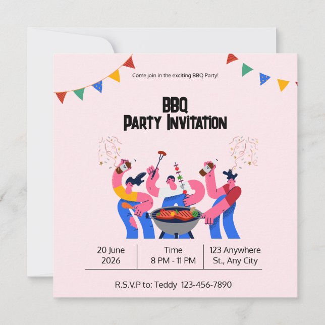 Tarjeta plana de fiesta de barbacoa juguetona beig (Anverso)