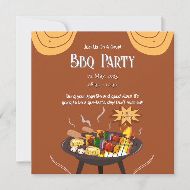 Tarjeta plana de fiesta de barbacoa marrón naranja (Anverso)