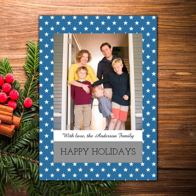 Tarjeta plana de foto de festividad azul para estr (Blue Festive Stars Holiday Photo Card)