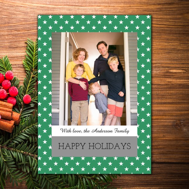 Tarjeta plana de foto de festividades verdes para  (Green Festive Stars Holiday Photo Card)