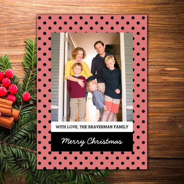 Tarjeta plana de foto festividad de polka Dot colo (Light Red Sweet Polka Dot Holiday Photo Card)