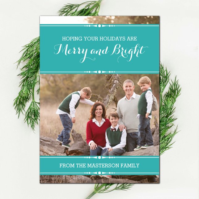 Tarjeta plana de foto festividad verde azulada de  (Teal Simply Chic Holiday Photo Card)