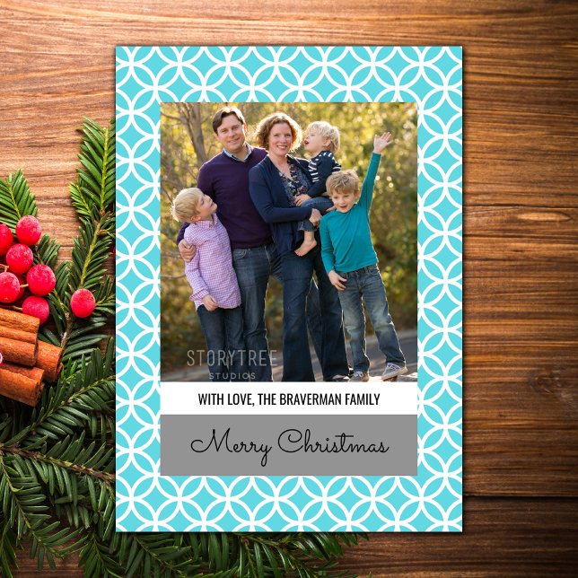 Tarjeta plana de fotografía turquesa para vacacion (Turquoise Classy Diamond Holiday Photo Card)
