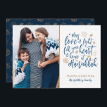 Tarjeta plana de fotos de amor y luz Hanukkah<br><div class="desc">Un diseño Hanukkah moderno y elegante en Relieve metalizado de color dorado y azul oscuro.  Fácil de personalizar con su propia foto y texto.</div>