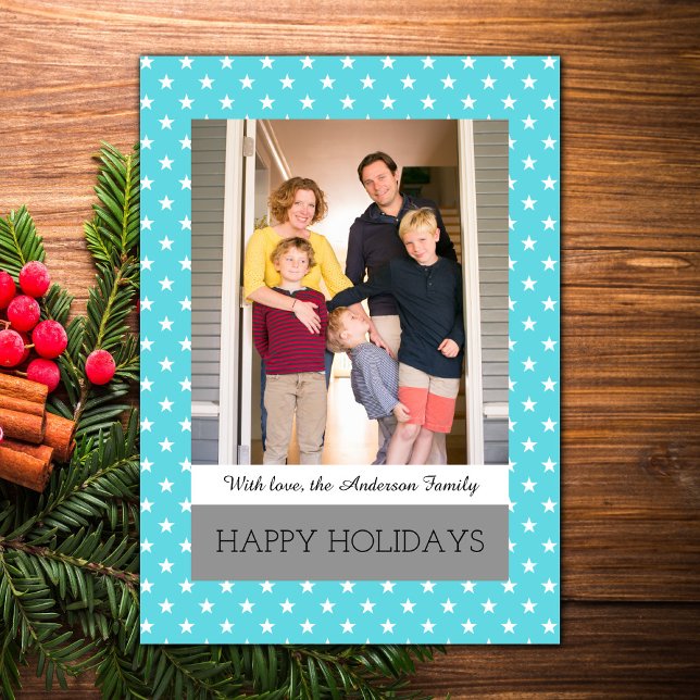 Tarjeta plana de fotos de feriado de las estrellas (Aqua Festive Stars Holiday Photo Card)