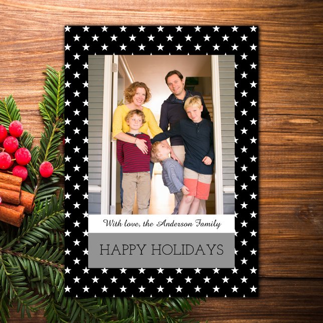 Tarjeta plana de fotos de festividades negras para (Black Festive Stars Holiday Photo Card)