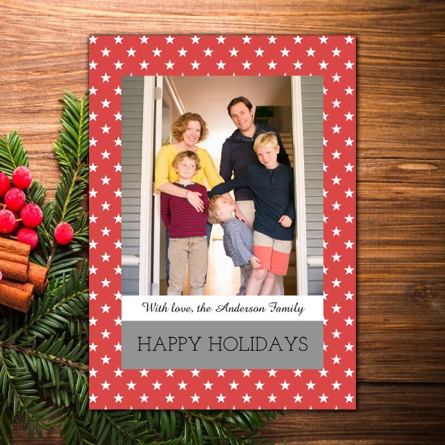 Tarjeta plana de fotos de festividades rojas (Red Festive Stars Holiday Photo Card)