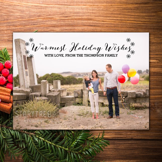 Tarjeta plana de fotos de los deseos de vacaciones (Black Warmest Holiday Wishes Christmas Photo Card)