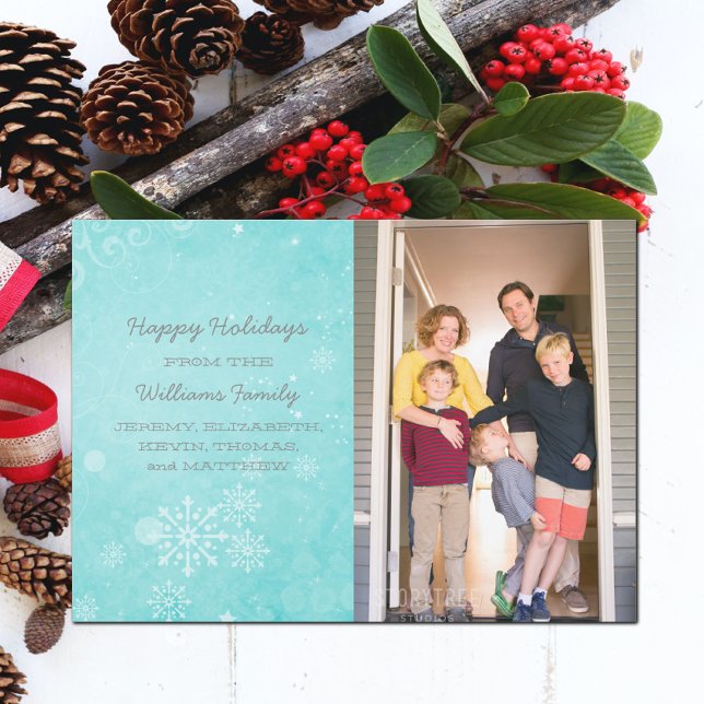 Tarjeta plana de fotos de vacaciones Aqua Snowflak (Aqua Snowflake Swirls Holiday Photo Card)
