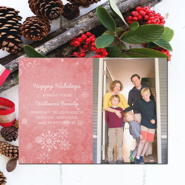Tarjeta plana de fotos de vacaciones Red Snowflake (Red Snowflake Swirls Holiday Photo Card)