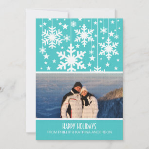 Tarjeta plana de fotos navideñas Aqua Snowflakes S