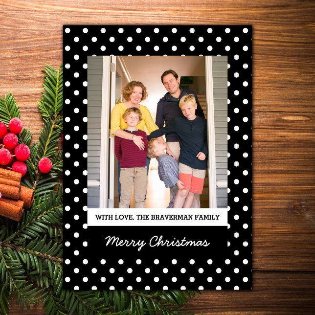 Tarjeta plana de fotos para fiestas de polka de co (Black Sweet Polka Dot Holiday Photo Card)