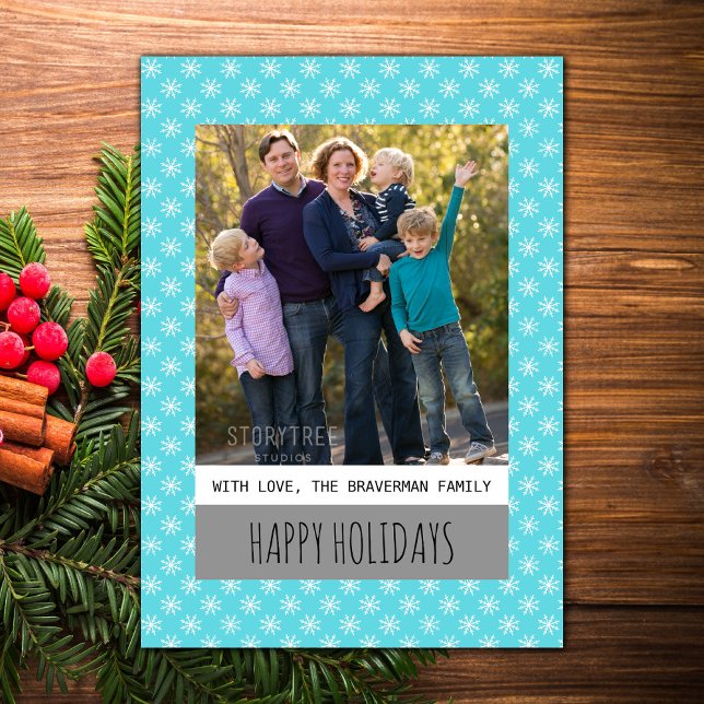 Tarjeta plana de fotos turquesa simple de copo de  (Turquoise Simple Snowflake Holiday Photo Card)