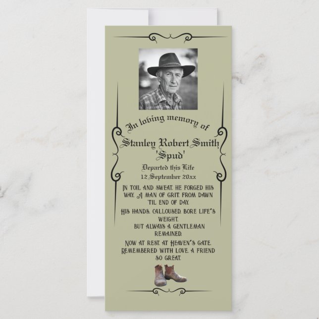 Tarjeta plana de funerales para hombre destacable (Anverso)