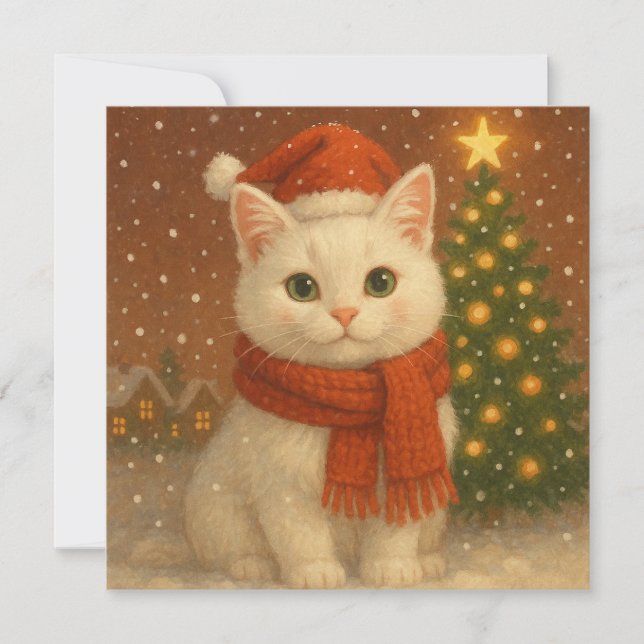 Tarjeta plana de gato de Navidad acogedor (Anverso)