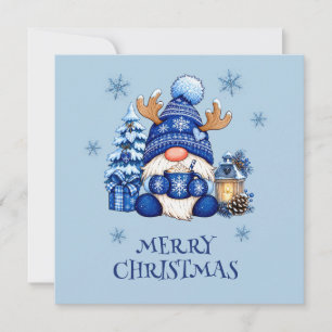 Tarjeta plana de gnomo de Navidad azul acogedor co