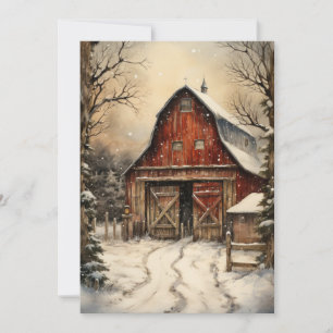 Tarjeta plana de granja de Navidad con establos de