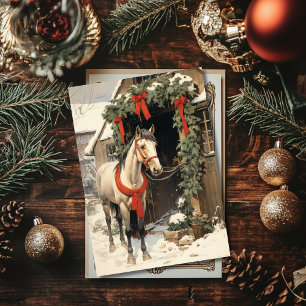 Tarjeta plana de granja de Navidad con establos de