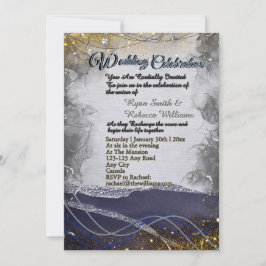 Tarjeta plana de invitación de boda Navy Gold Silv