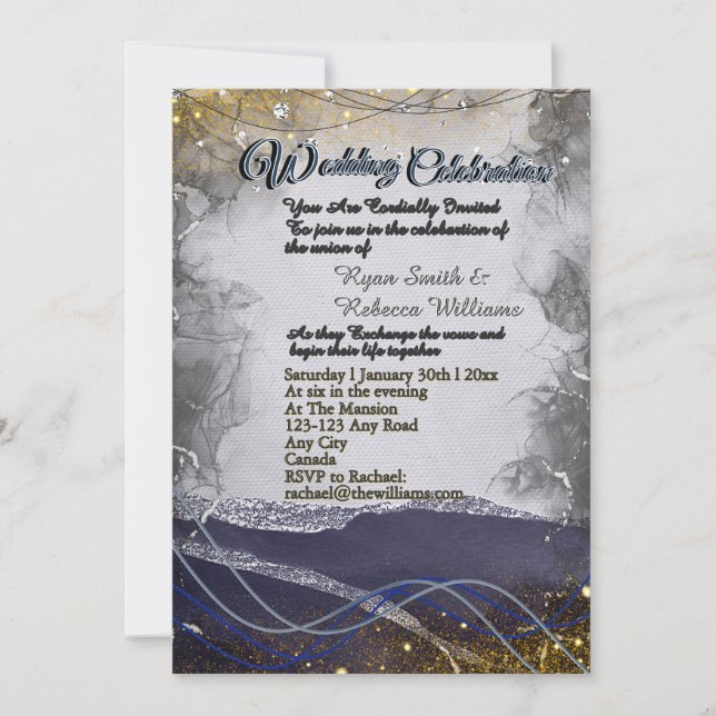 Tarjeta plana de invitación de boda Navy Gold Silv (Anverso)