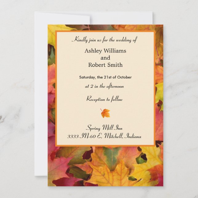 Tarjeta plana de invitación de boda otoño con hoja (Anverso)