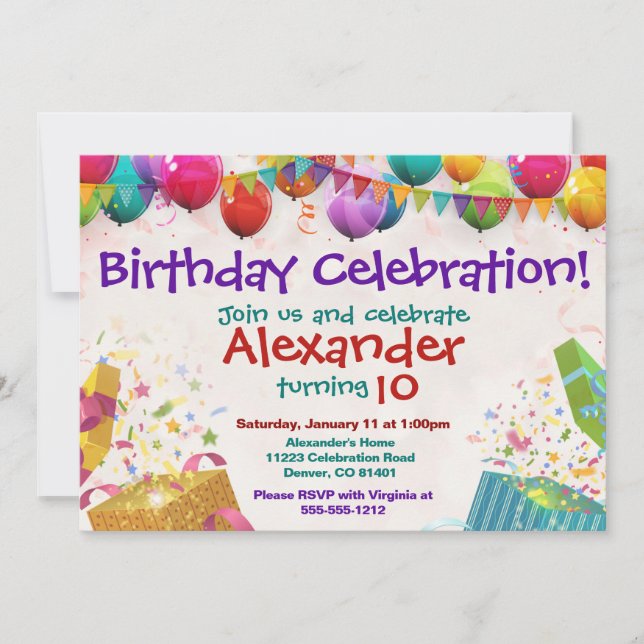 Tarjeta plana de invitación de cumpleaños con glob (Anverso)