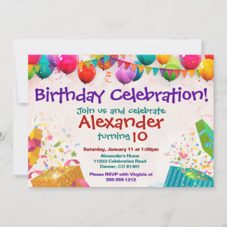 Tarjeta plana de invitación de cumpleaños con glob