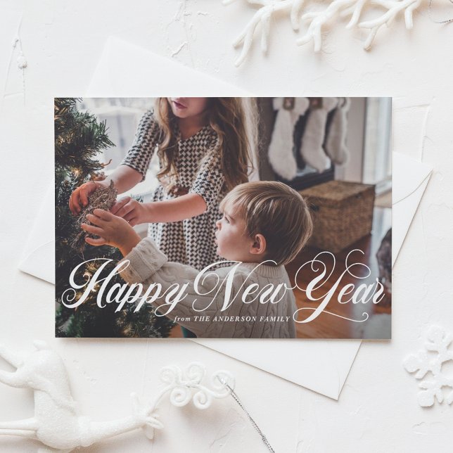 Tarjeta plana de la escritura el | de la foto (White Elegant Script Happy New Year Photo Holiday Card)