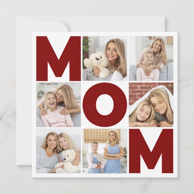 Tarjeta plana de mamá de Collage de fotos rojo y b (Anverso)