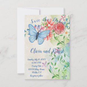 Tarjeta plana de mariposa acuarela y rosa roja
