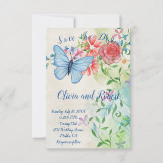 Tarjeta plana de mariposa de acuarela y rosa roja